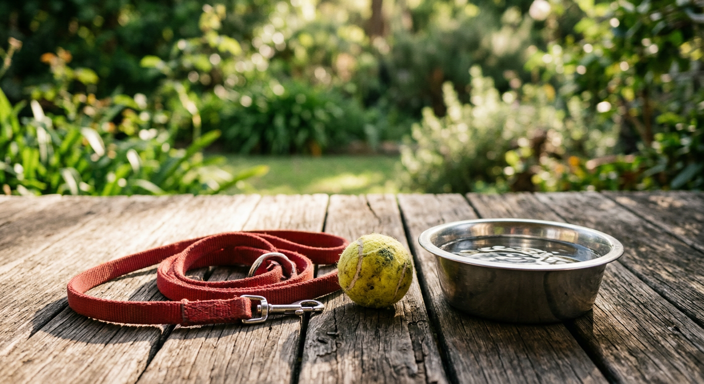 A red dog lead, tennis ball and water bowl resting on a sunny timber verandah