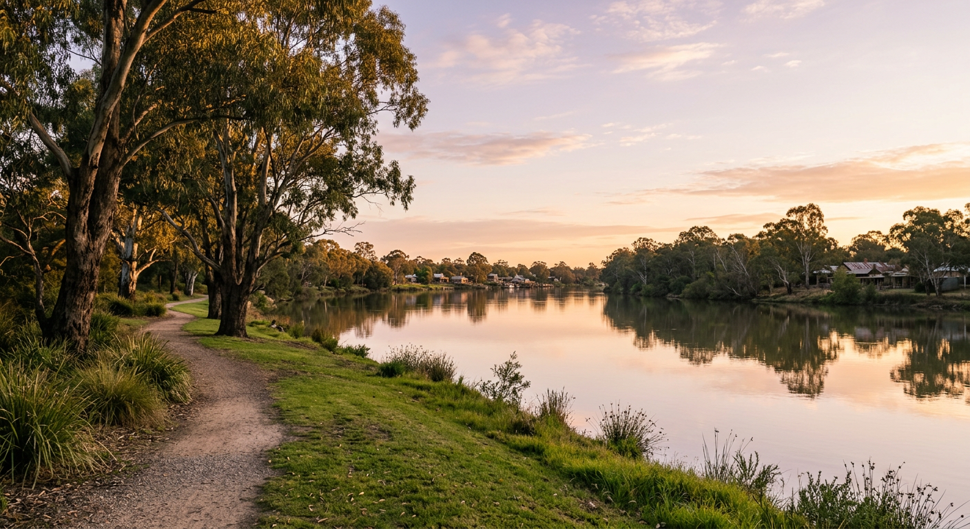 Calm river and grassy bank in a small country town at golden hour